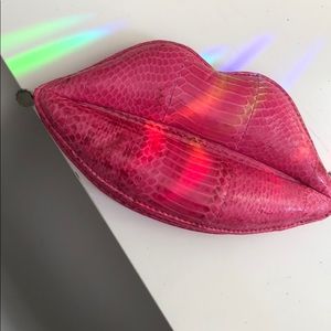 Lulu Guinness snakeskin lip clutch hot pink